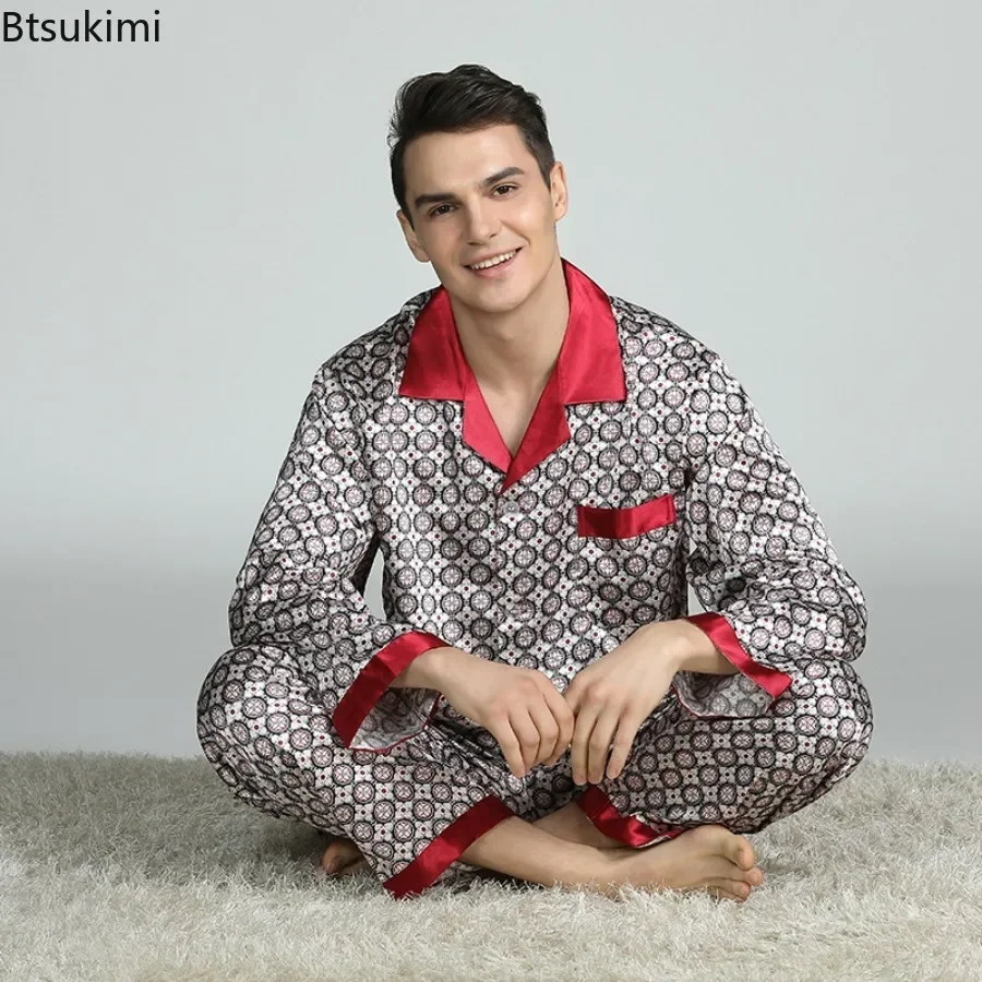 2025Men's Spring Summer Pajamas Sets Long Sleeve Tops&Pants Two-pieces Satin Home Clothes Male Ice Silk Printed Lounge Nightwear