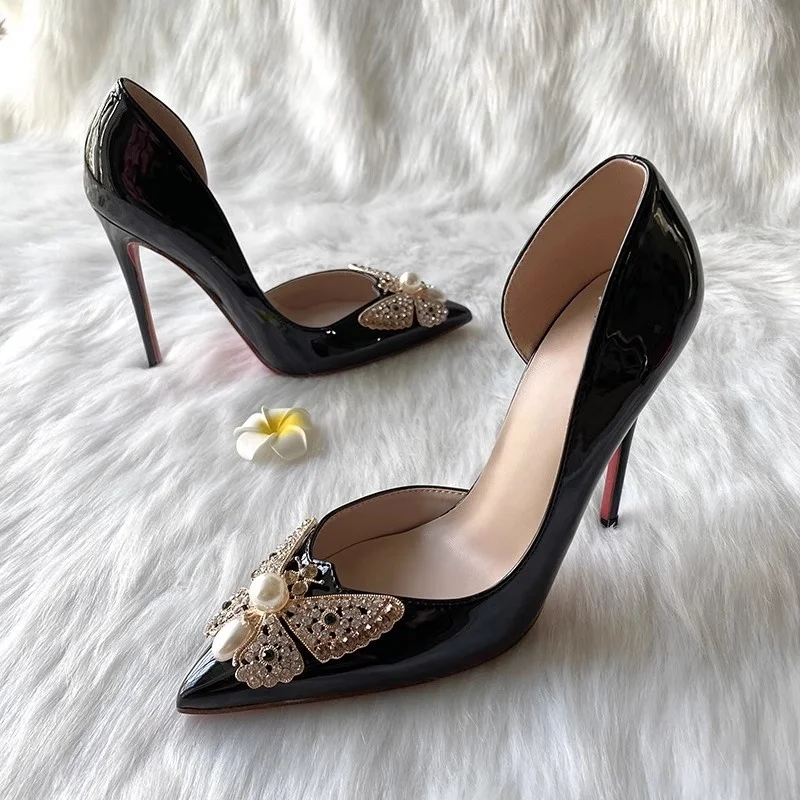 

2025 Summer Black Patent Leather High Heels Pointed Toe Stiletto Heels Hollow Rhinestone Butterfly Elegant Sexy Lady Single Shoe