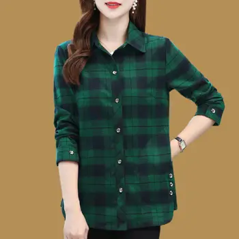 Primavera Autunno Elegante Moda Harajuku Plaid Top Donna Allentato Casual All Match Camicia da donna Polo Colletto Bottone Manica lunga Blusa