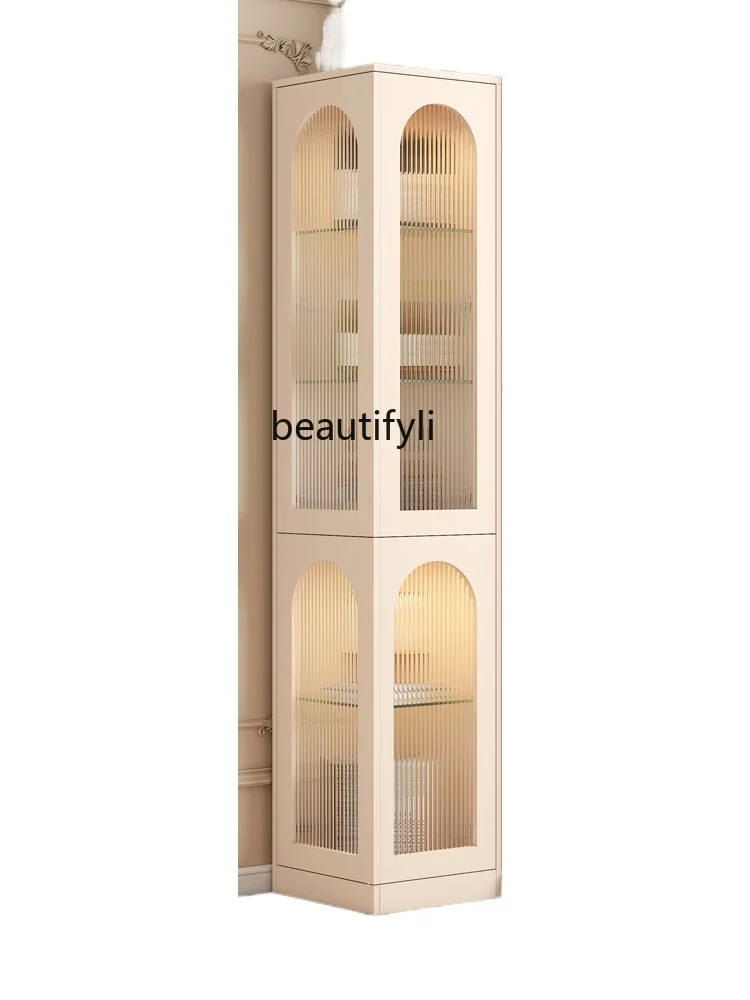 Cream Style Corner Display Wine Cabinet Living Room Wall Dining Side Corner Cabinet Household Glass Door Corner Cabinet