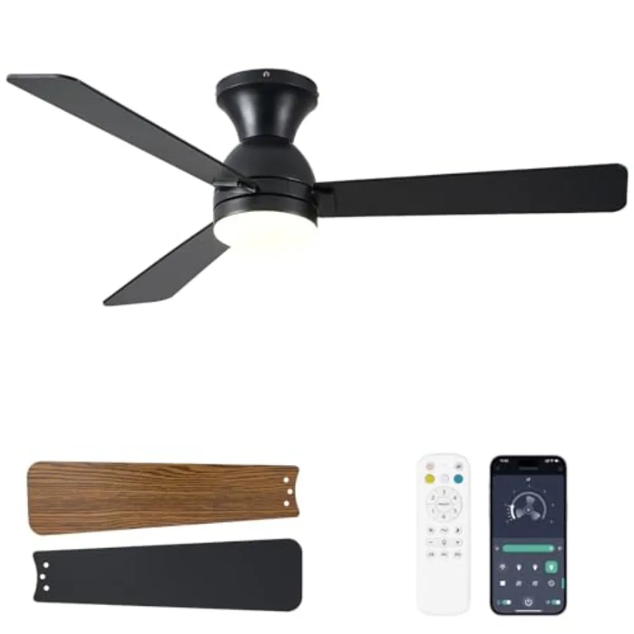 

Bedroom and dining room ceiling fan with light, black metal flush mount 48-inch low profile fan, reversible, 3CCT dimmable LED,