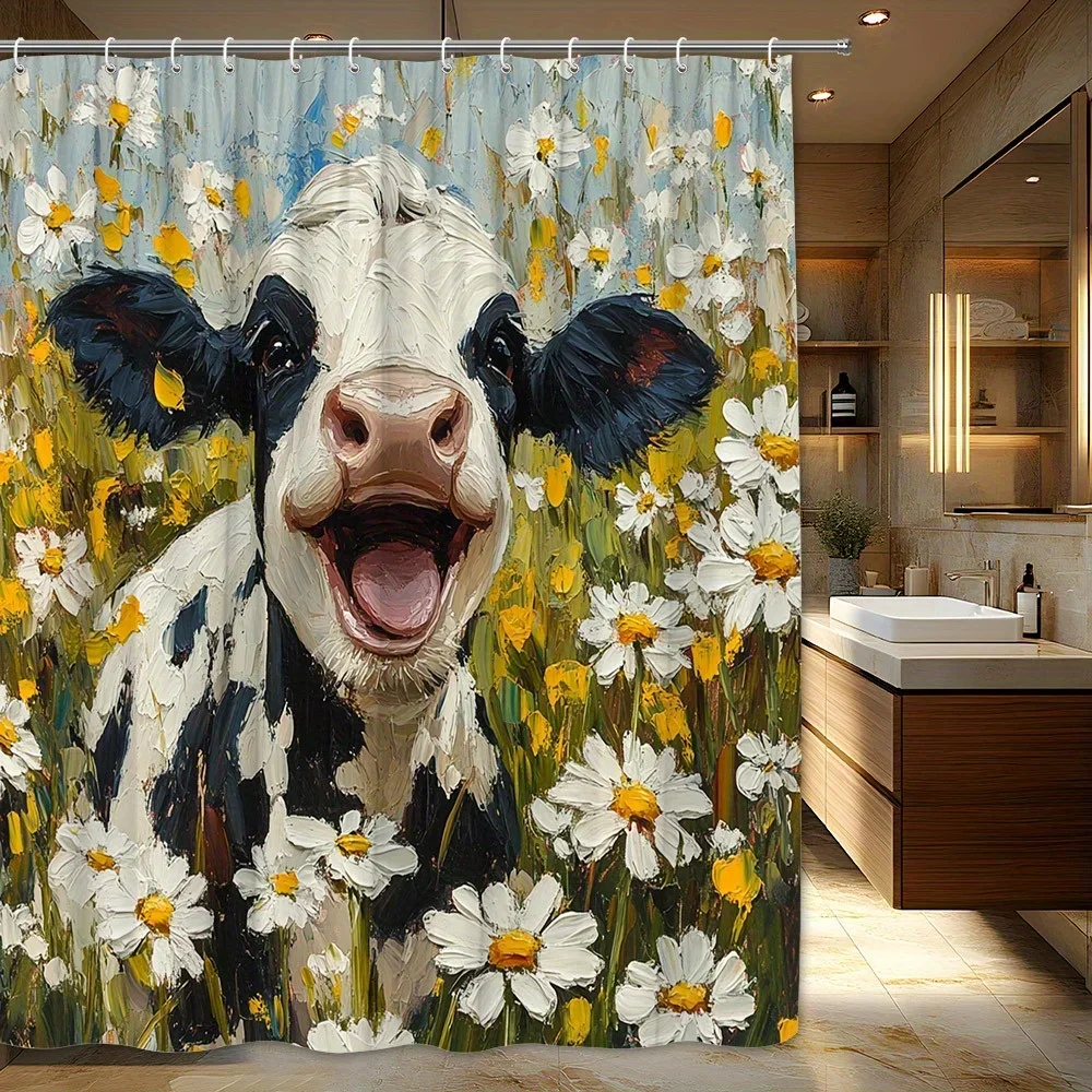 1pc farmhouse shower curtain-daisy field design cow, black and white cow, white daisy decorative shower curtain 180x180cmVVV