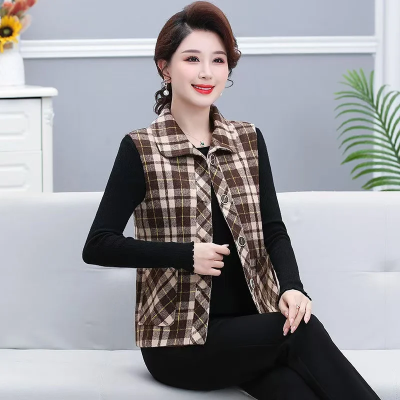 Chaleco de lana a cuadros abrigo mujer primavera otoño nueva chaqueta sin mangas madre de mediana edad estilo occidental moda chaleco Tops Mujer