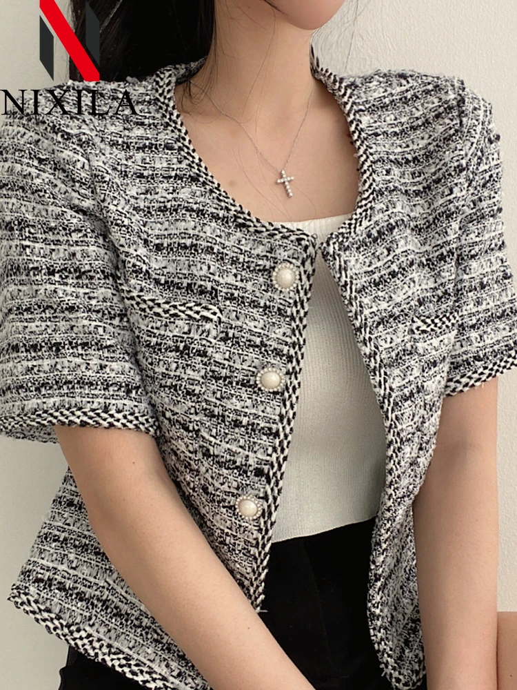 Spring Summer Women Jacket Korean Fashion Short Sleeve Coats Pearl Buckle Round Cardigan French Tweed Tops for Women Clothing