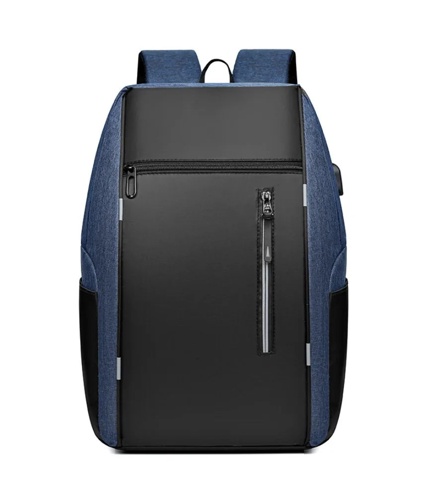 Blue black spliced leather backpack with side USB anti splash reflective zipper trim for daily work weekend outing