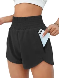 Pantalones cortos atléticos de cintura alta para mujer, pantalones cortos deportivos con bolsillo, pantalones cortos elásticos para gimnasio y entrenamiento