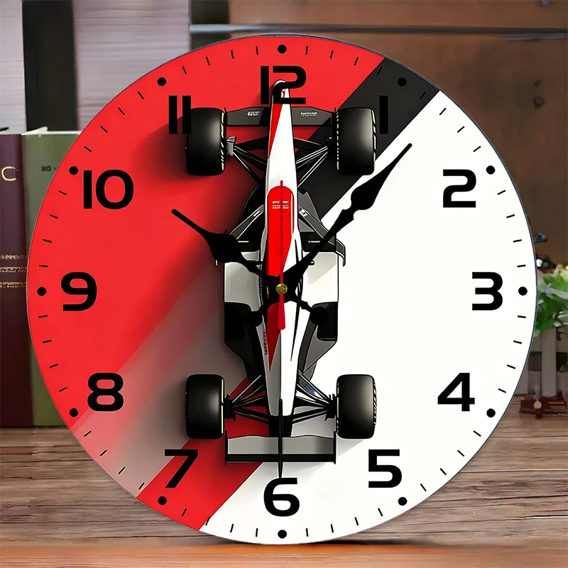 F1 Car Design Wooden Round Silent Hanging Wall Clock, Suitable For Living Room, Office, Study Room, Bedroom, Home Decoration