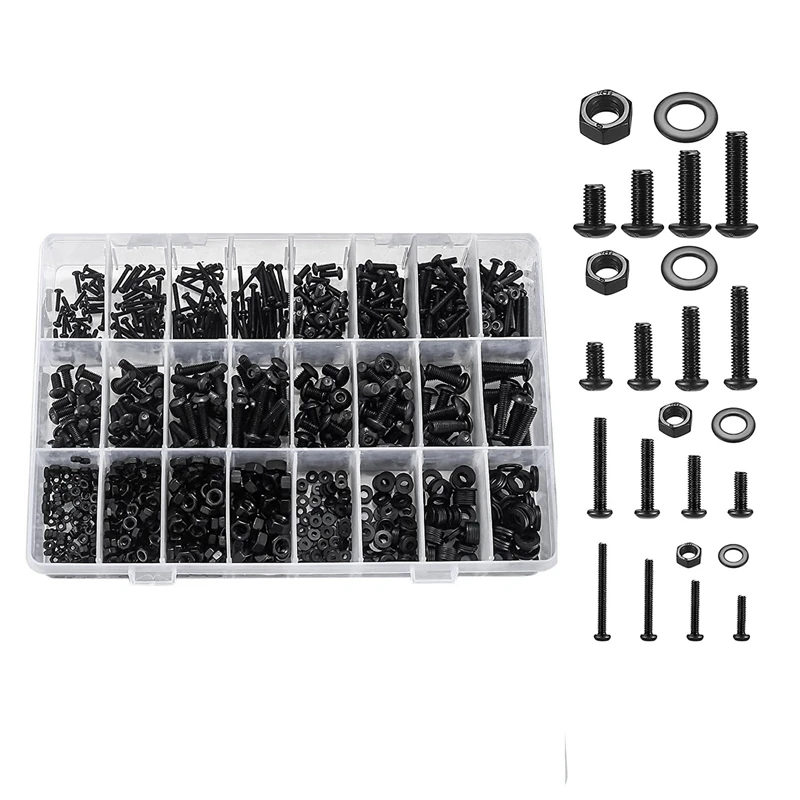 

1225 Pcs Hex Button Socket Head Cap Screws Bolts Nuts Flat Washers Assortment Kit Black Machine Screws And Nuts