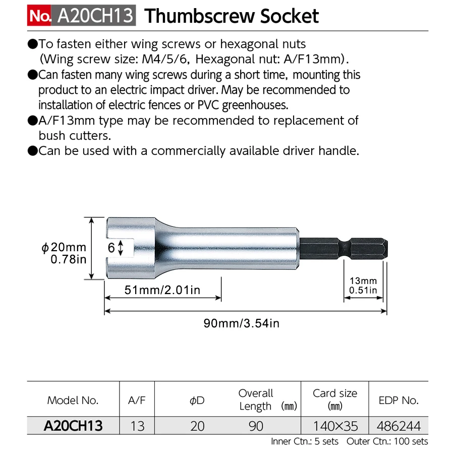 VESSEL 2 in 1 Thumbscrew Socket (M4/M5/M6) Sockets (Opposite Side 1/2\'\' 13 mm) Socket Adapter Nut Removal Tools A20CH13