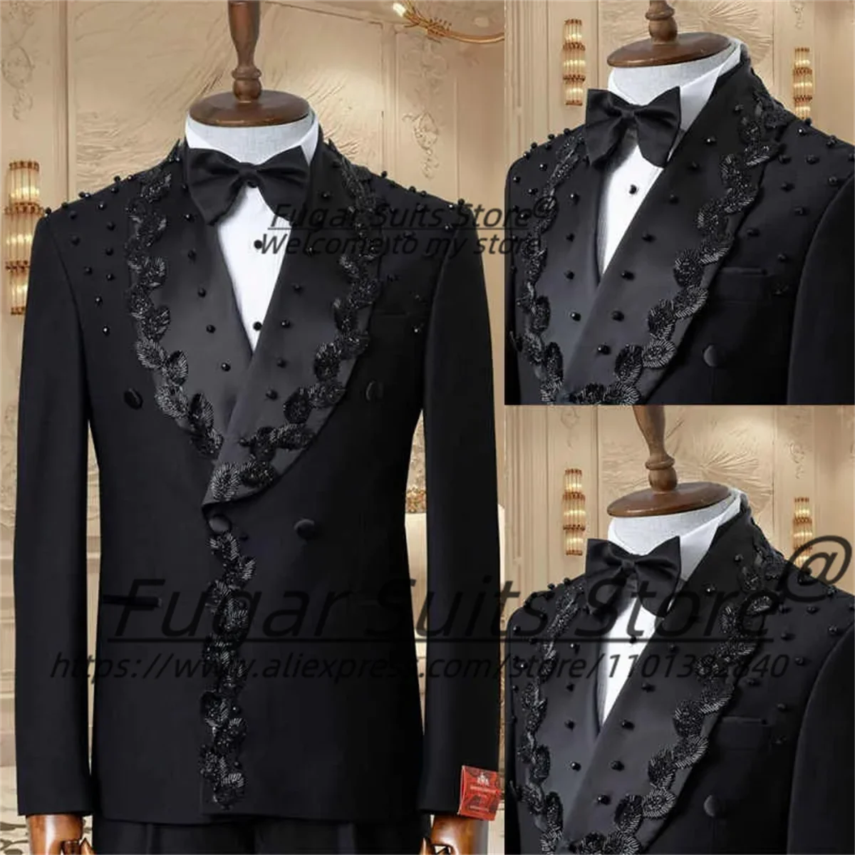 

Elegant Sparkly Beaded Men Suits Customized Slim Fit Shawl Lapel Groom Wedding Tuxedos 2 Pcs Sets Male Prom Blazers Ropa Hombre