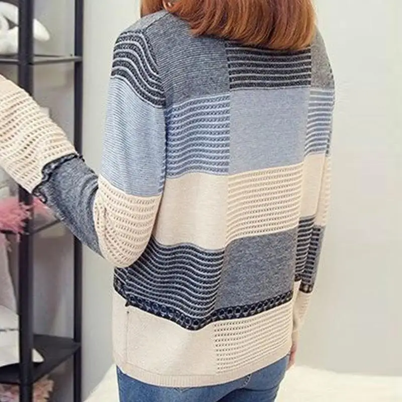 WTEMPO Thin Hollow Knit Sweater Spring Women\'s Autumn Top Colorblock Loose Striped Long Sleeve Striped Knitwear