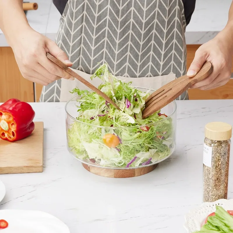 Set di insalatiere grandi, insalatiera in vetro con Base in legno di Acacia e mani di insalata, ciotole da portata per frutta,