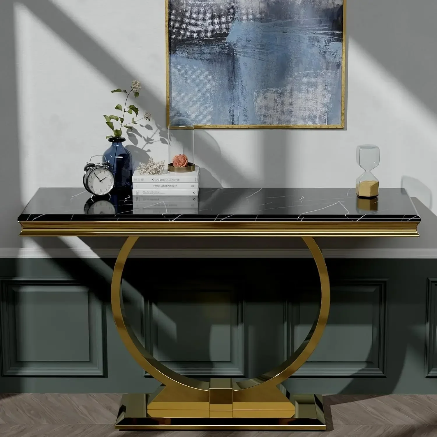 [Nuovo arrivo, stock limitato! ]Tavolo consolle in oro nero, tavolo da ingresso nero da 50" con base a forma di U dorata, tavolo da ingresso di lusso per