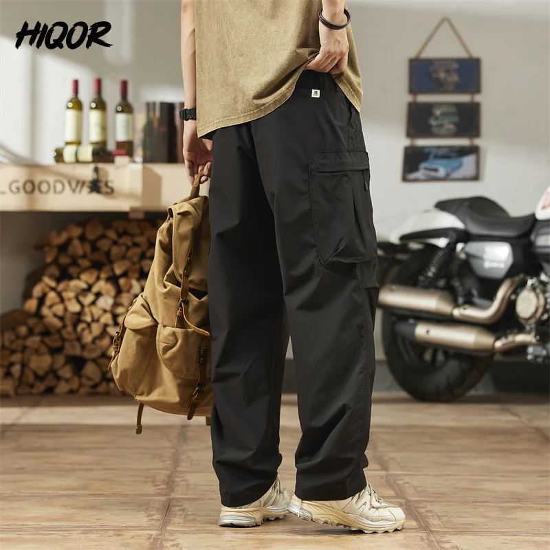 Hiqor-Calça casual masculina com bolsos múltiplos, calça larga Y2K, calça fina, caminhada ao ar livre, streetwear treino, marca, verão