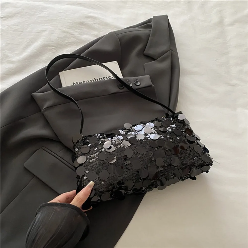 

Fashion Lightweight Sequin Shoulder Bags Solid Color Evening Party Female Handbag Large Capacity Underarm Bag Women
