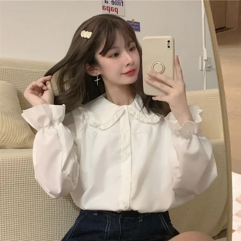 

Vintage Women White Shirt Preppy Style Fashion Elegant Long Sleeve Blouse Y2K Sweet Kawaii All Match Shirts Korean Chic Tunics