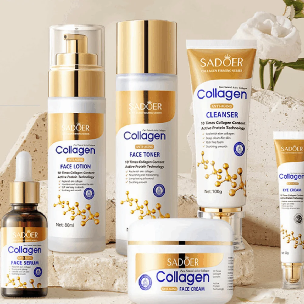 Kit de Cuidados com a Pele SADOER Colágeno Anti-Rugas Hidratante Profundo Clareador Anti-Envelhecimento Tônico Loção Protetor Solar Essência