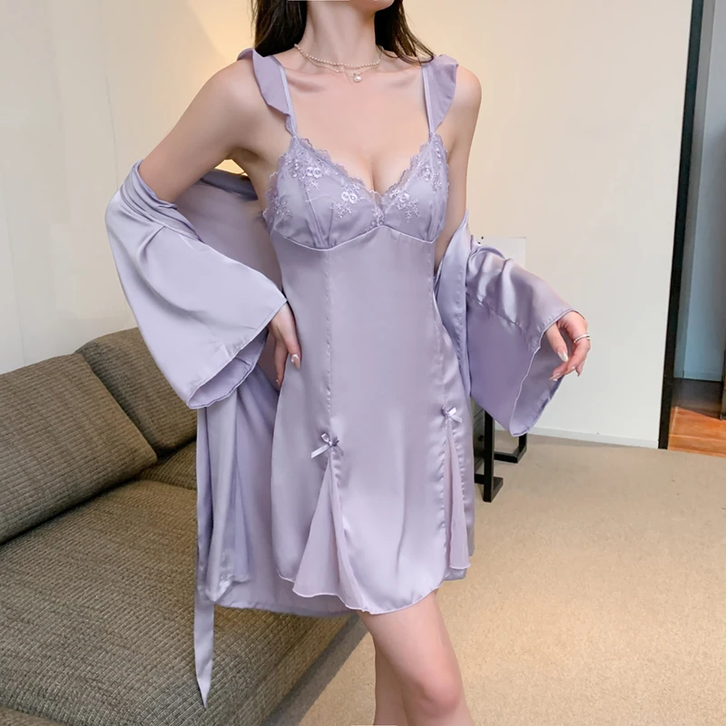 Match chest cushion summer ice silk condole belt nightdress lace sexy nightgown home dress pajamas female spring and autumn