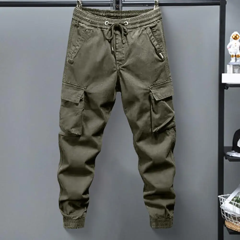 Men's New Cargo Pants With Multi-pocket Elastic Waist And Ankle Strap Loose Solid Color Outdoor Pants Camping Hiking Trip