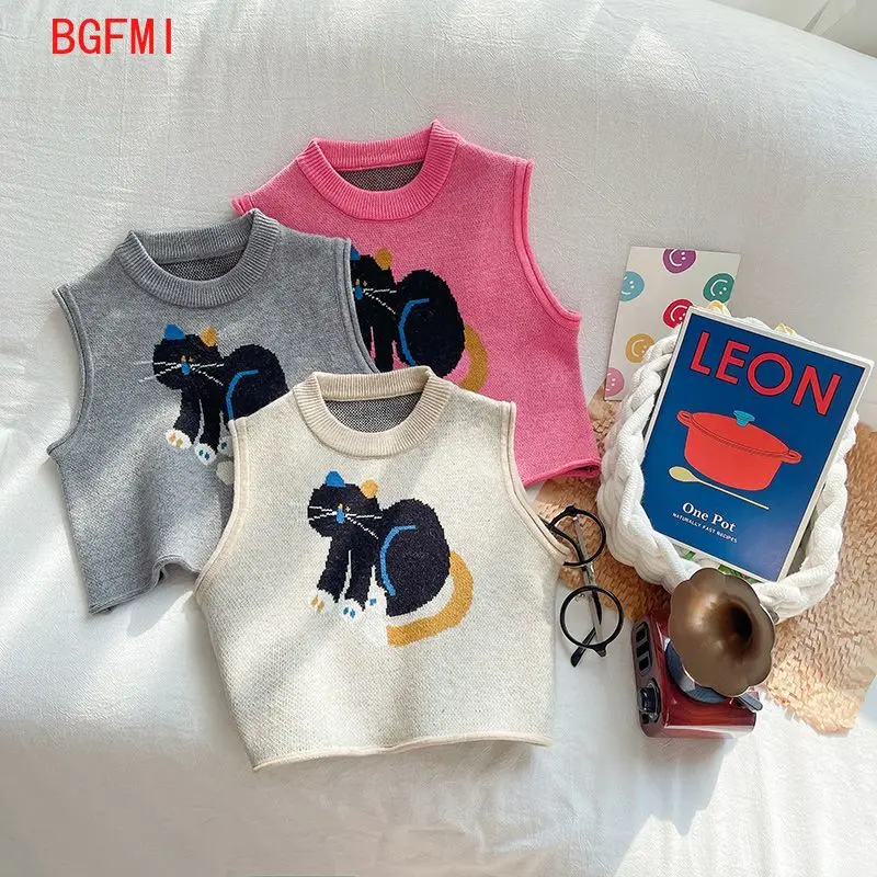 Korean Children's Clothing Spring Autumn Sweater Vest Baby Girl Cartoon Knitted Vest Boys Top Waistcoat Brother Sister Outfit