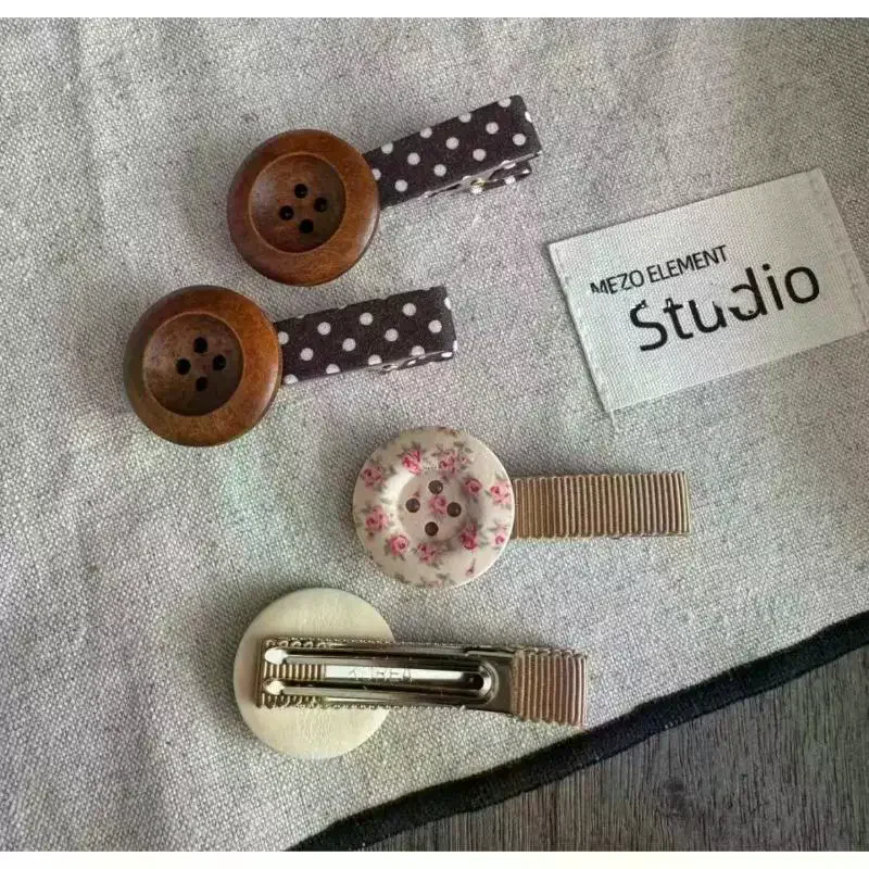 /Kuz/Button Hair Clips For Women Wooden Floral Barrettes Polka Dot Ribbon Details Hair Accessories Jewelry Vintage