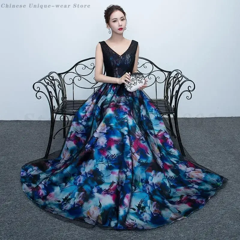 Sleeveless Bridal Gown V-Neck Long Vestidos Luxury Printed Lace Wedding Dress Women Evening Elegant Chesongams Backless Robe