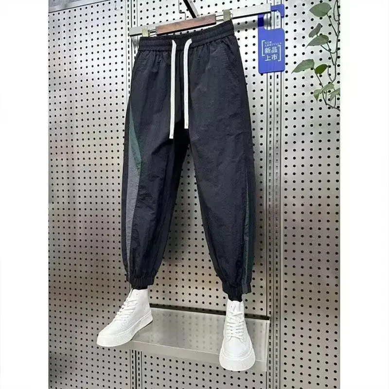 

2024 Summer New Men's Trousers Contrast Color Spliced Elastic Drawstring Fashion Trendy Loose Young Style Casual Harlan Pants