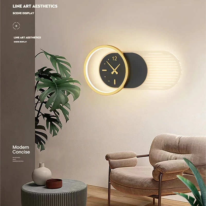 Imagem -02 - Moderno Led Wall Clock Lâmpadas Cabeceira Corredor Corredor Relógio Luz Foyer Cozinha Varanda Luminaria Interior Sconce Iluminação