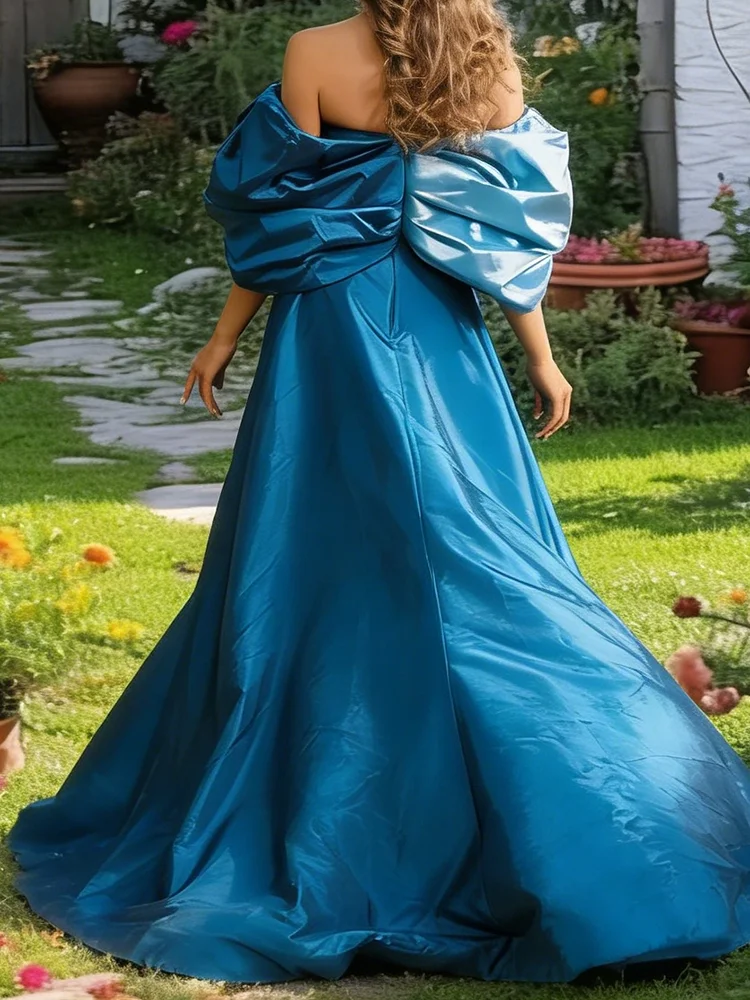 Elegant Modern Blue Off Shoulder Ruched Floor Length Formal Evening Dresses Birthday Party Prom Gowns Customized