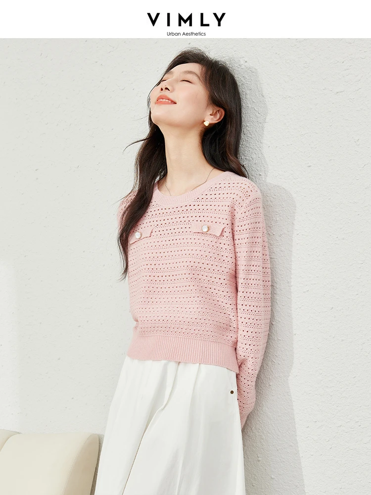 Vimly Pink O-neck Hollow Out Knitted Pullovers Woman 2024 Spring Women's Long Sleeve Top High Strecth Knitwear Clothing 30133