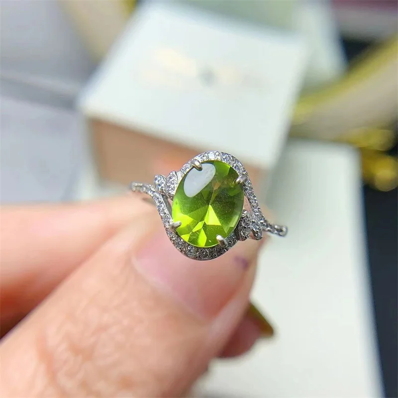 

Adjuatable Size Wedding Ring for Women Natural Genuine Peridot with Certificate Real 925 Orinigal Sterling Silver 9x7mm