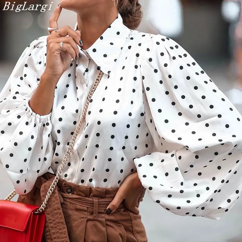 2023 Summer Fashion Tunics Women White Shirts Polka Dot Elegant Blouses Button Loose Long Lantern Sleeve Lapel Party Tops