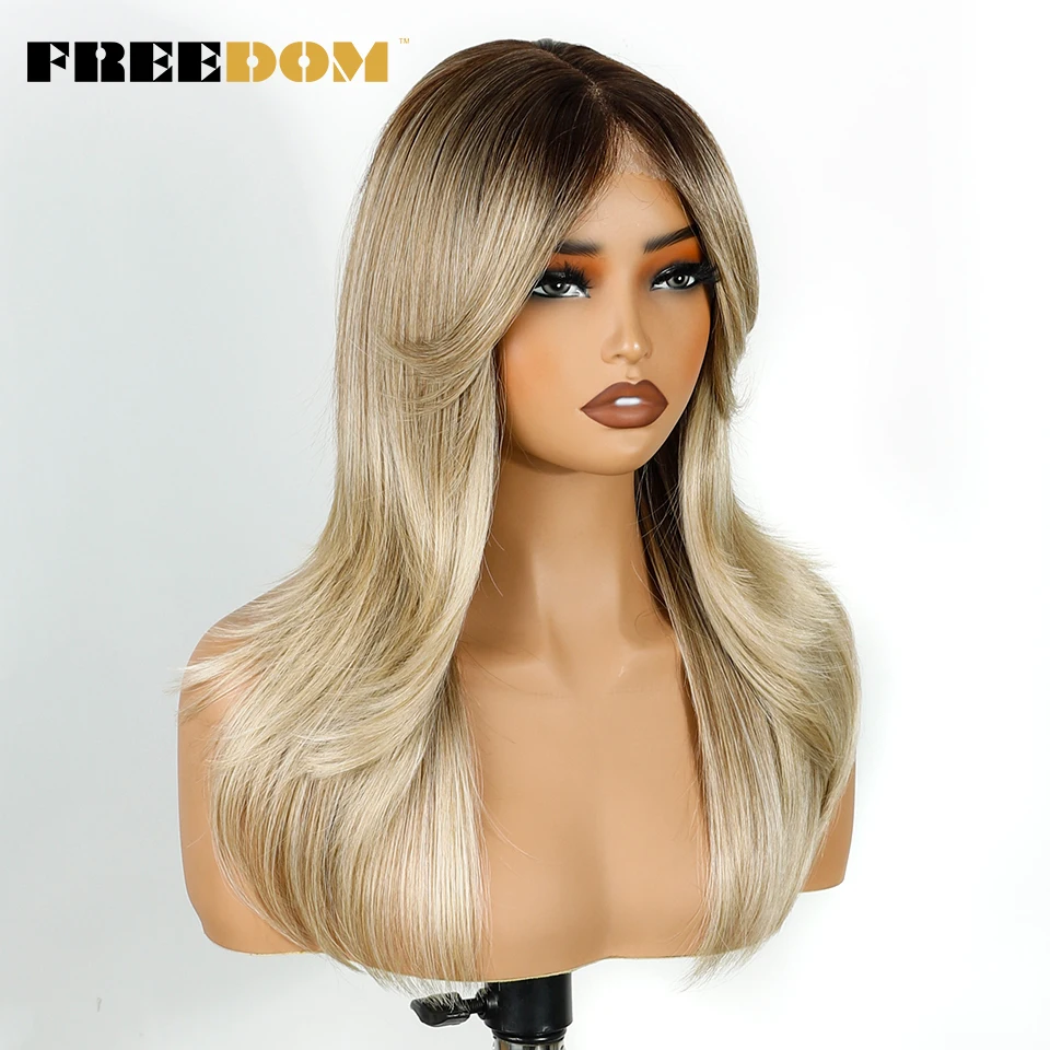 الاصطناعية الدانتيل شعر مستعار أمامي 20 بوصة الطبقات شعر مستعار مستقيم مع الانفجارات أومبير شقراء براون الباروكات للنساء شعر مستعار تأثيري الاصطناعية #3