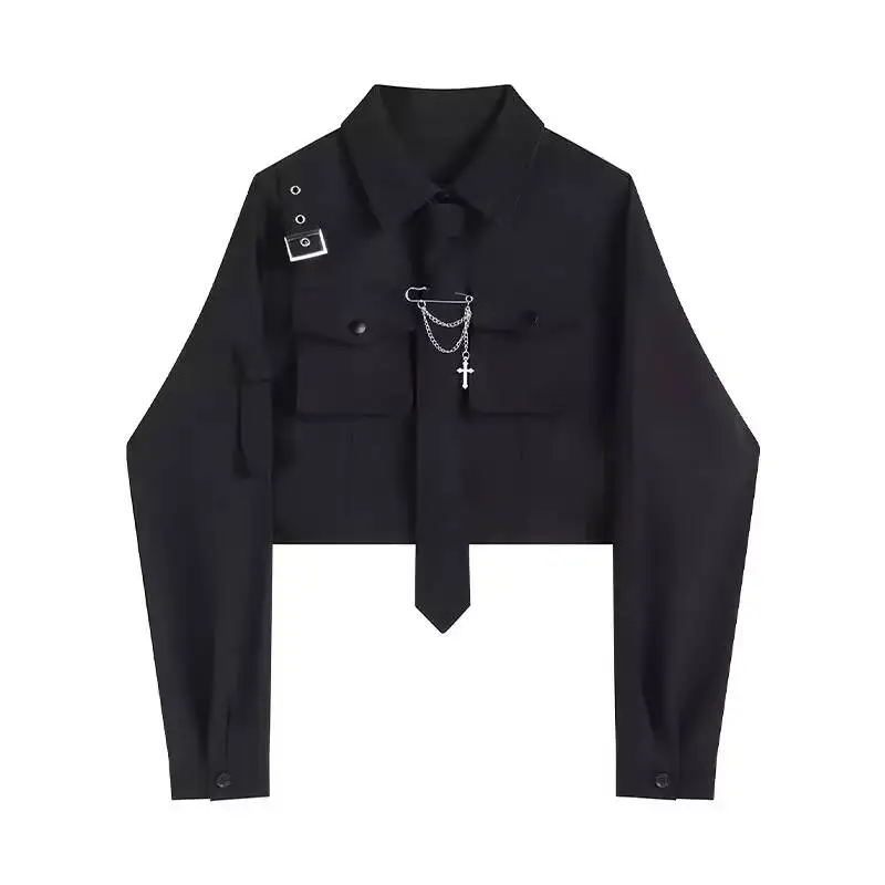 

2026 New Sweet Cool Black Long Sleeve Cargo Shirt For Women Fall Loose Unique Design Short Chain Top