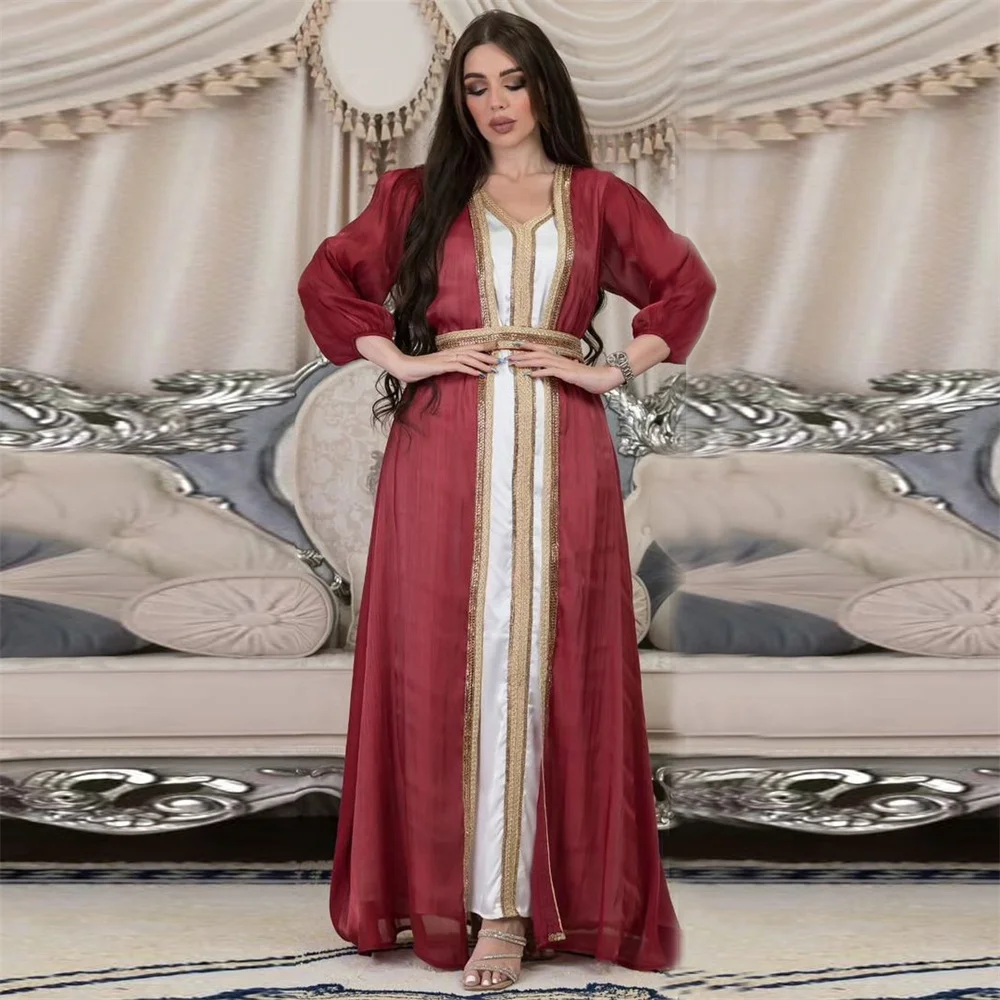 Morocco Shiny Satin Muslim Dress 2 Piece Set Luxury Abayas Kaftans Evening Dresses Women Dubai Turkey Islamic Long Robe Jalabiya