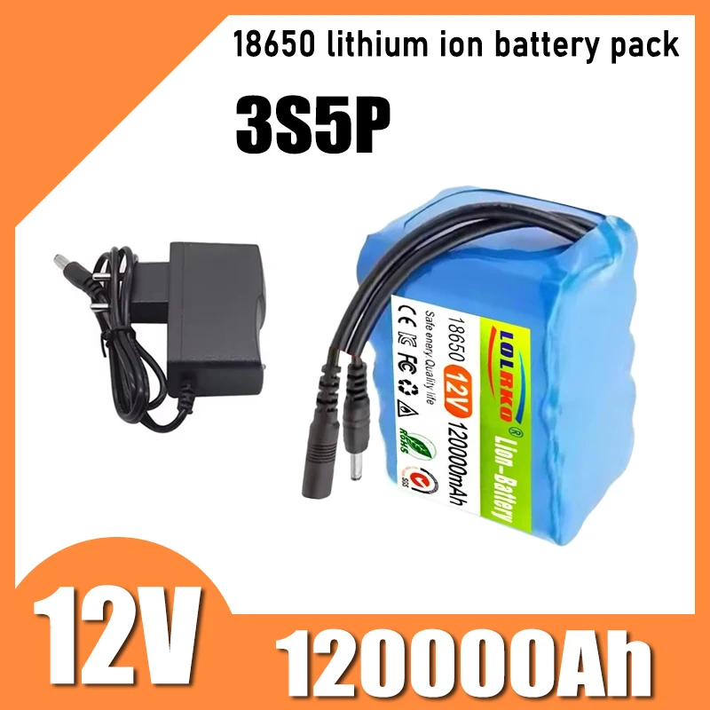 3S5P 120000mAh 12V lithium-ion rechargeable battery with BMS lithium battery pack protection board and charger