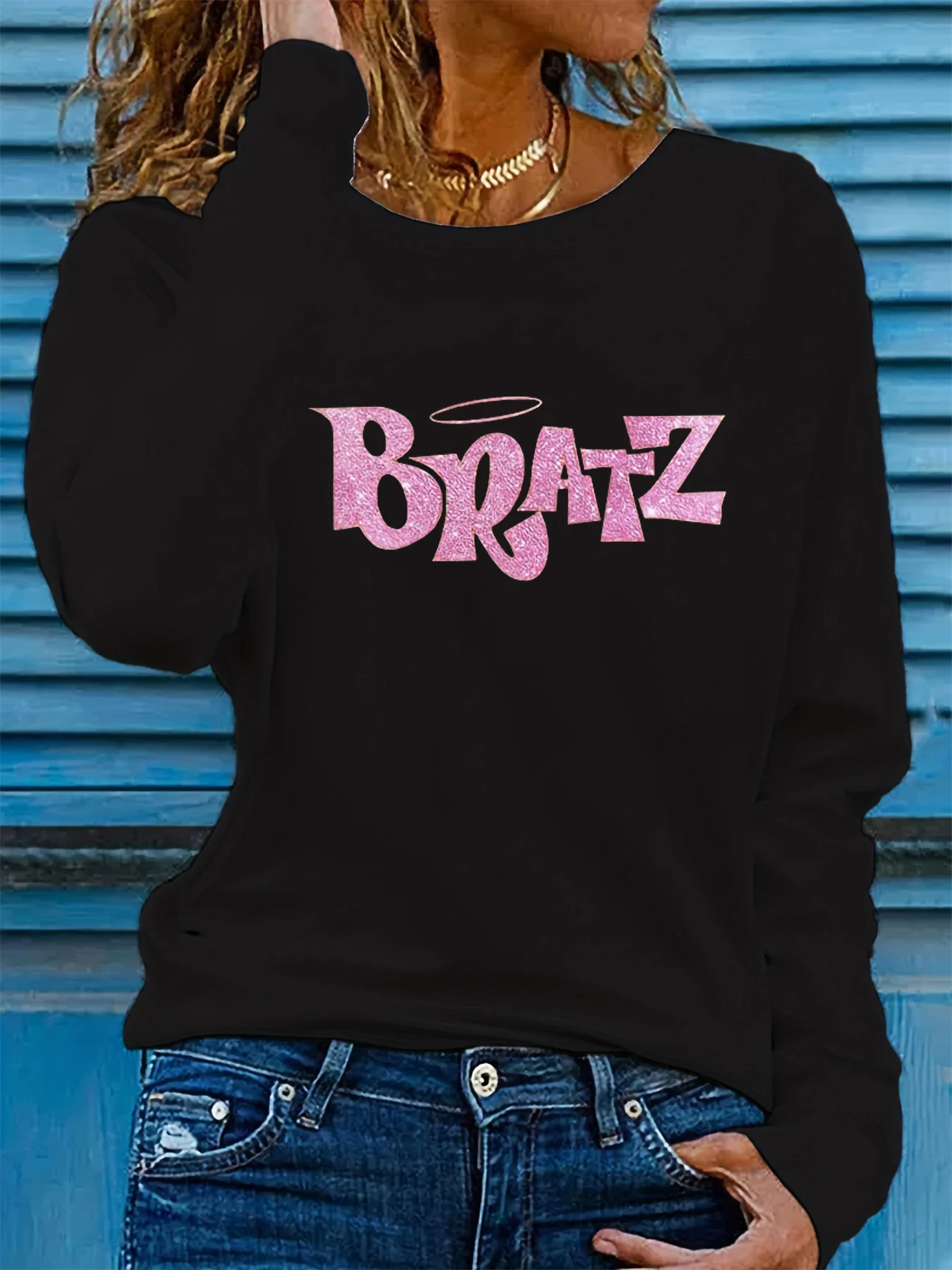 

100% pure cotton women's spring and autumn comfortable casual long sleeved BRATZ letter graphic printed round neck T-shirt