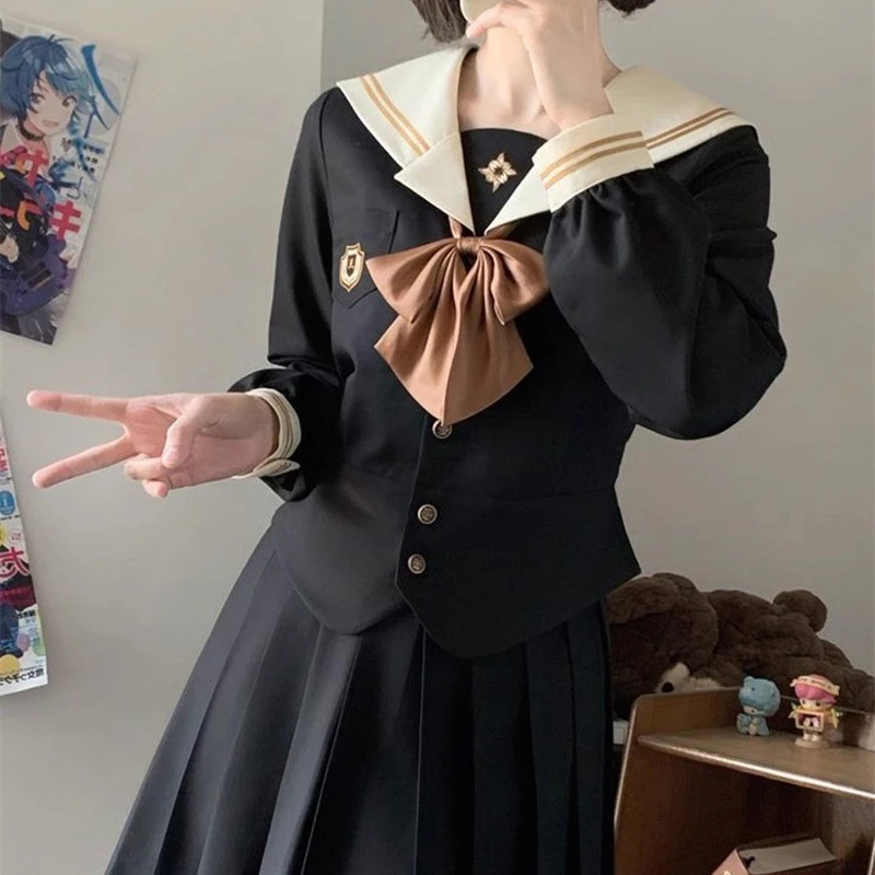 Abito da marinaio a maniche lunghe uniforme JK nero Abito da marinaio a maniche corte per scuola di base in stile college giapponese Abiti da studente per giochi di ruolo carini