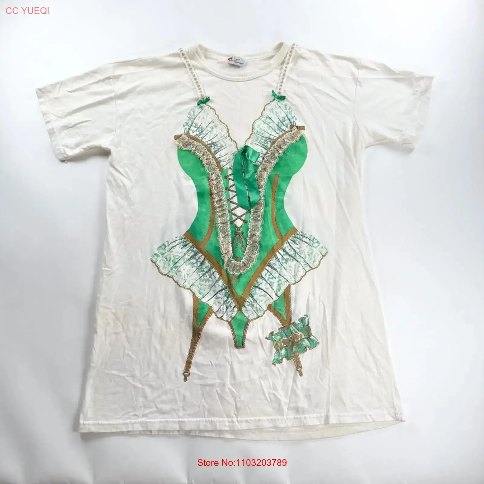 T-shirt corset burlesque vintage vert en dentelle, vêtement de nuit, nouveauté rétro amusante, grande taille, graphique homme vintage délavé, élégant et respirant