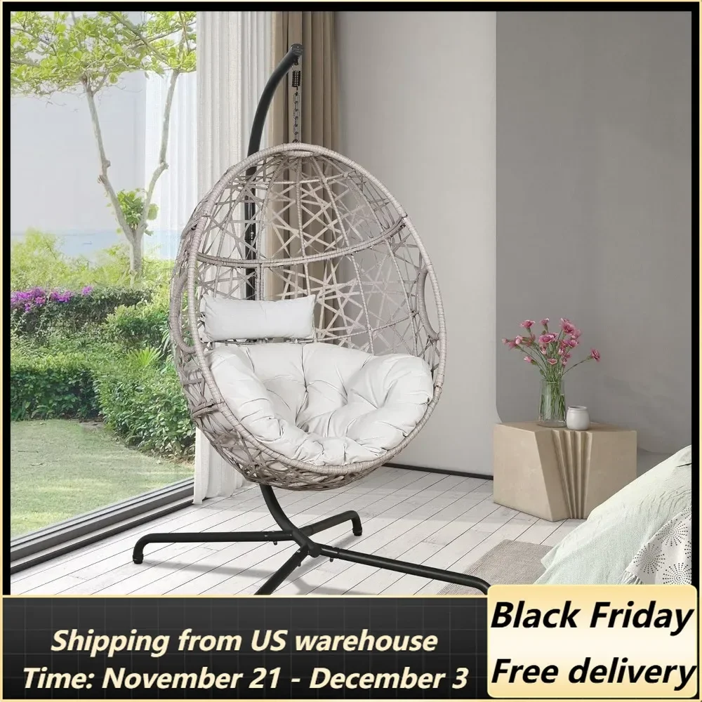 Patio Wicker Egg Hanging Chair, Outdoor Rattan Hammock Swing Chair with Stand and Cushion for Bedroom Balcony Garden, Beige