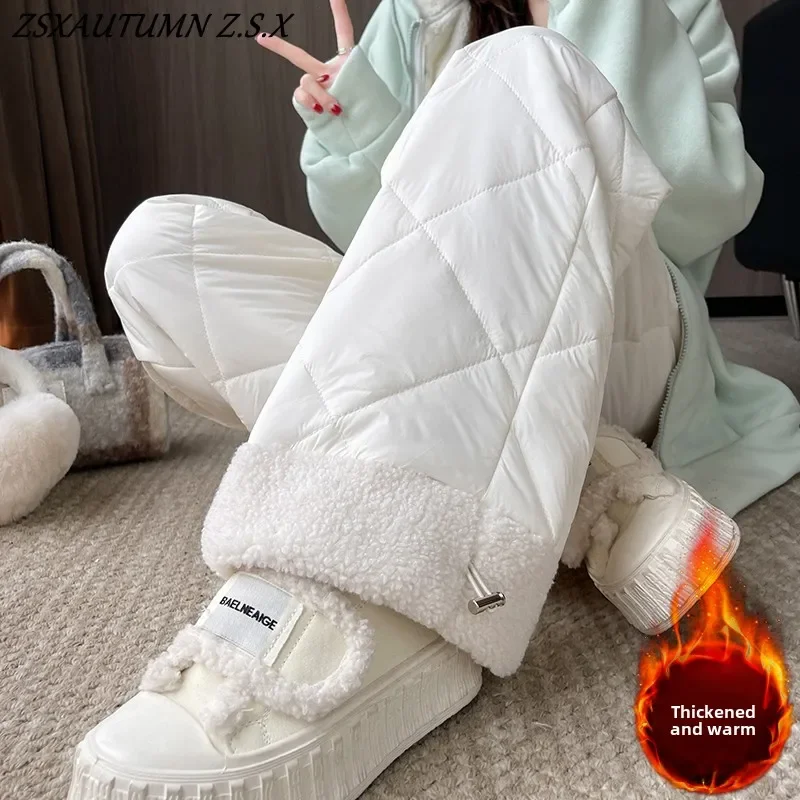

Winter Down Cotton Spliced Lamb Wool Cotton Pants Straight Pants Women High Waist Loose Warm Thick Pants Cotton-padded Trousers