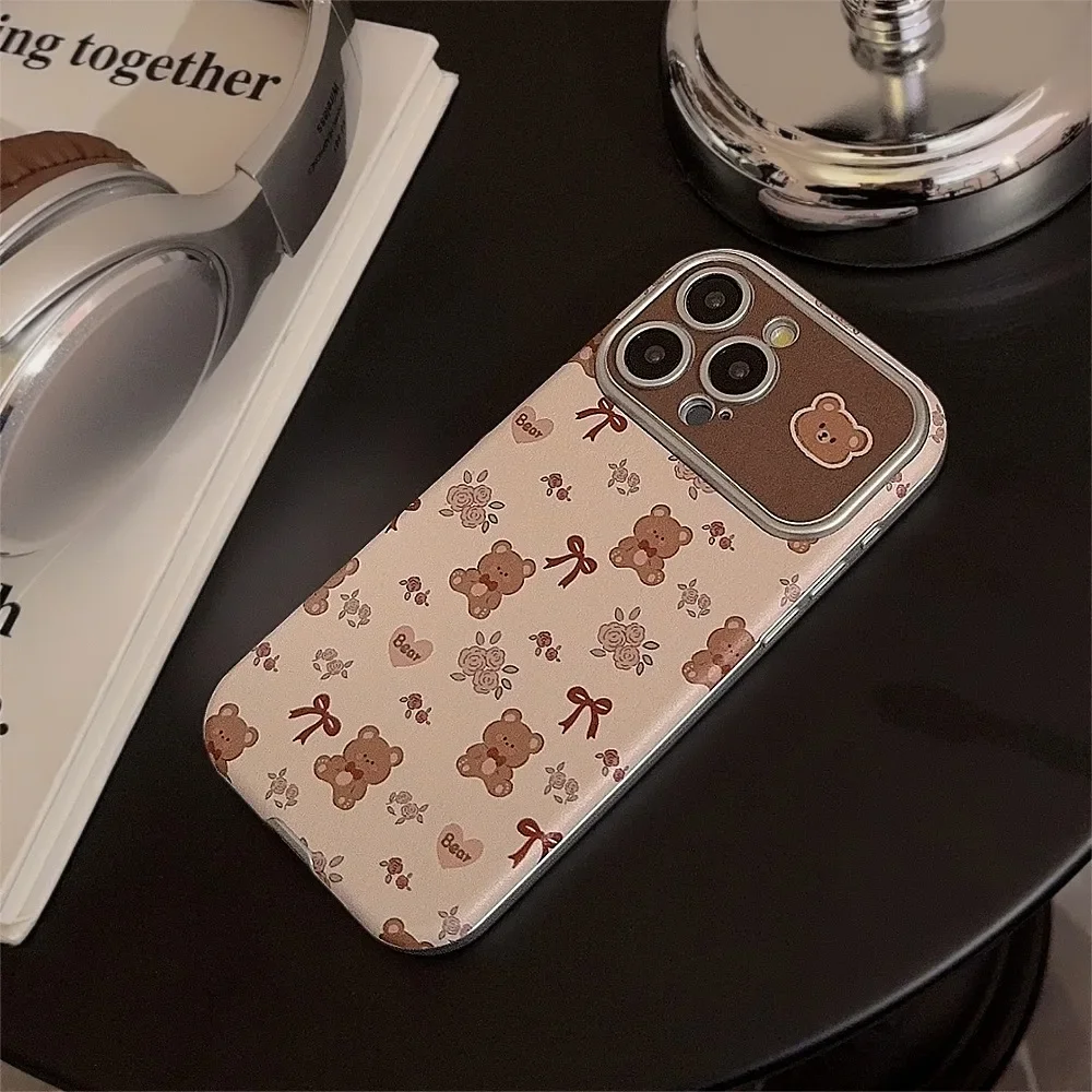 الكورية لطيف الكرتون الدب الزهور الجلود الملمس جراب هاتف آيفون 17 16 15 14 13 12 11 برو ماكس للصدمات الغطاء الواقي