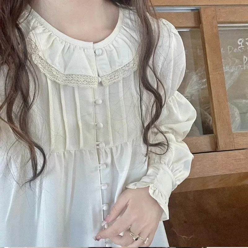 

Autumn Vintage Lazy French Japanese Spliced Lace All Match Base Blouse Sweet Girl Casual Lantern Sleeve Buttons Blouse Y2k Tops