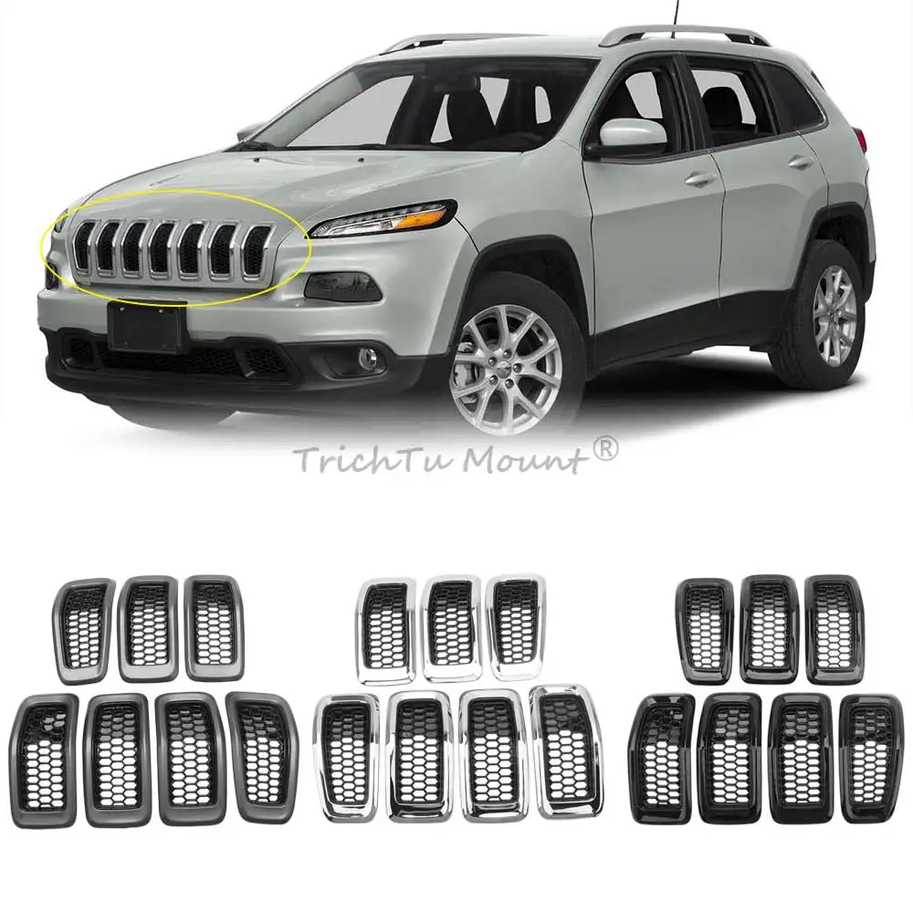 7 Pcs Bumper Upper Grille Compatible With Jeep Cherokee 2014-2018 High Quality Abs Plastic Gray Black/Glossy Black/Chrome Frame
