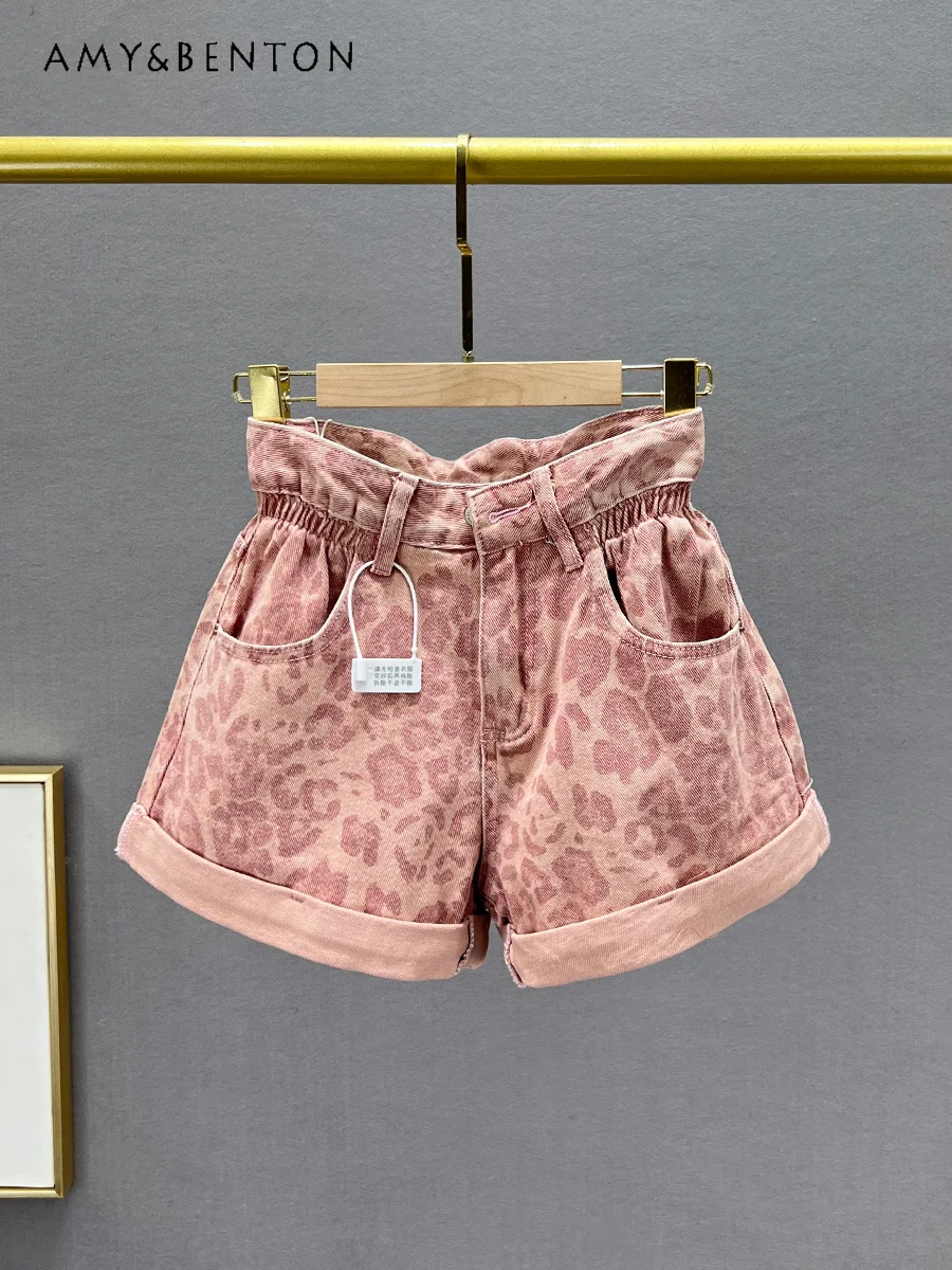 Pantalones cortos de mezclilla para mujer, Shorts de cintura alta, holgados, adelgazantes, estampado de leopardo, estilo Retro americano, Y2K, novedad de verano 2024