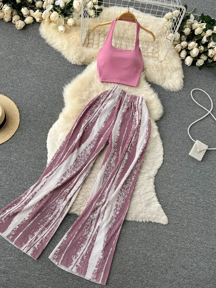 Fashion New Women Summer Sexy Pants Set 2023 Halter Tank Tops Wide-leg Long Pantsuit Female Slim Vacation Two Piece Sets