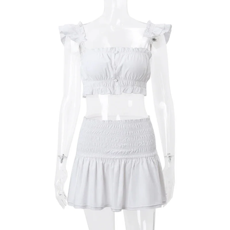 WhereMery Temperamento Bianco Set da 2 pezzi Top corto senza maniche con scollo quadrato sexy + Minigonna increspata Abiti casual da donna di High Street