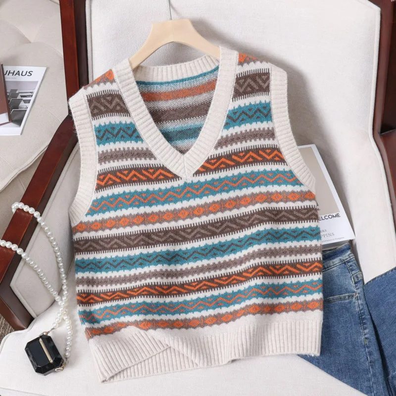 #3928 Sweater Vest Women V-neck Slim Vintage Short Knitted Vest Femme Sexy Sleeveless Striped Pullover Vest Female Vintage