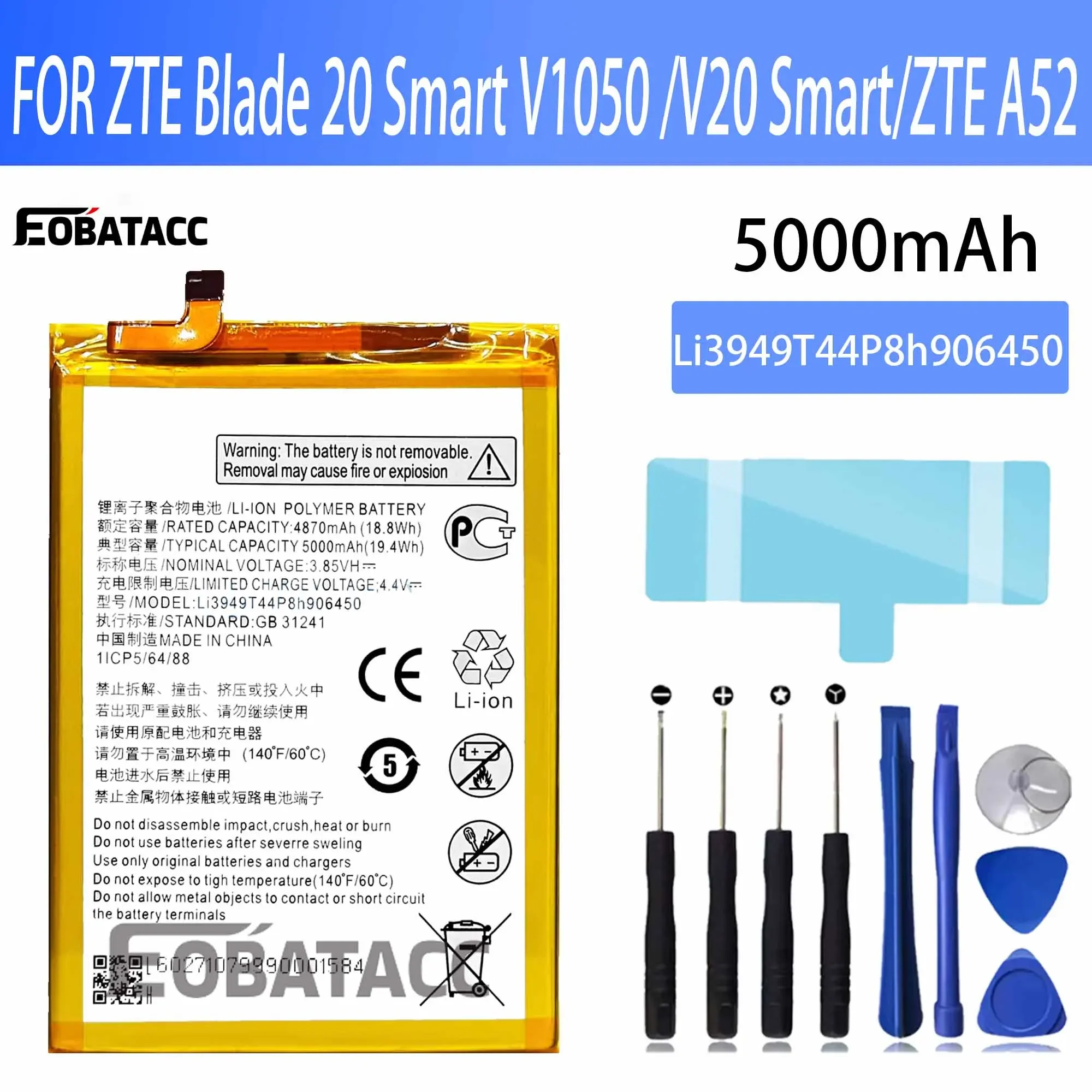 

EOTABACC 100% New Original Battery Li3949T44P8h906450 For ZTE Blade 20 Smart V1050 /V20 Smart /ZTE A52 Battery +Tools