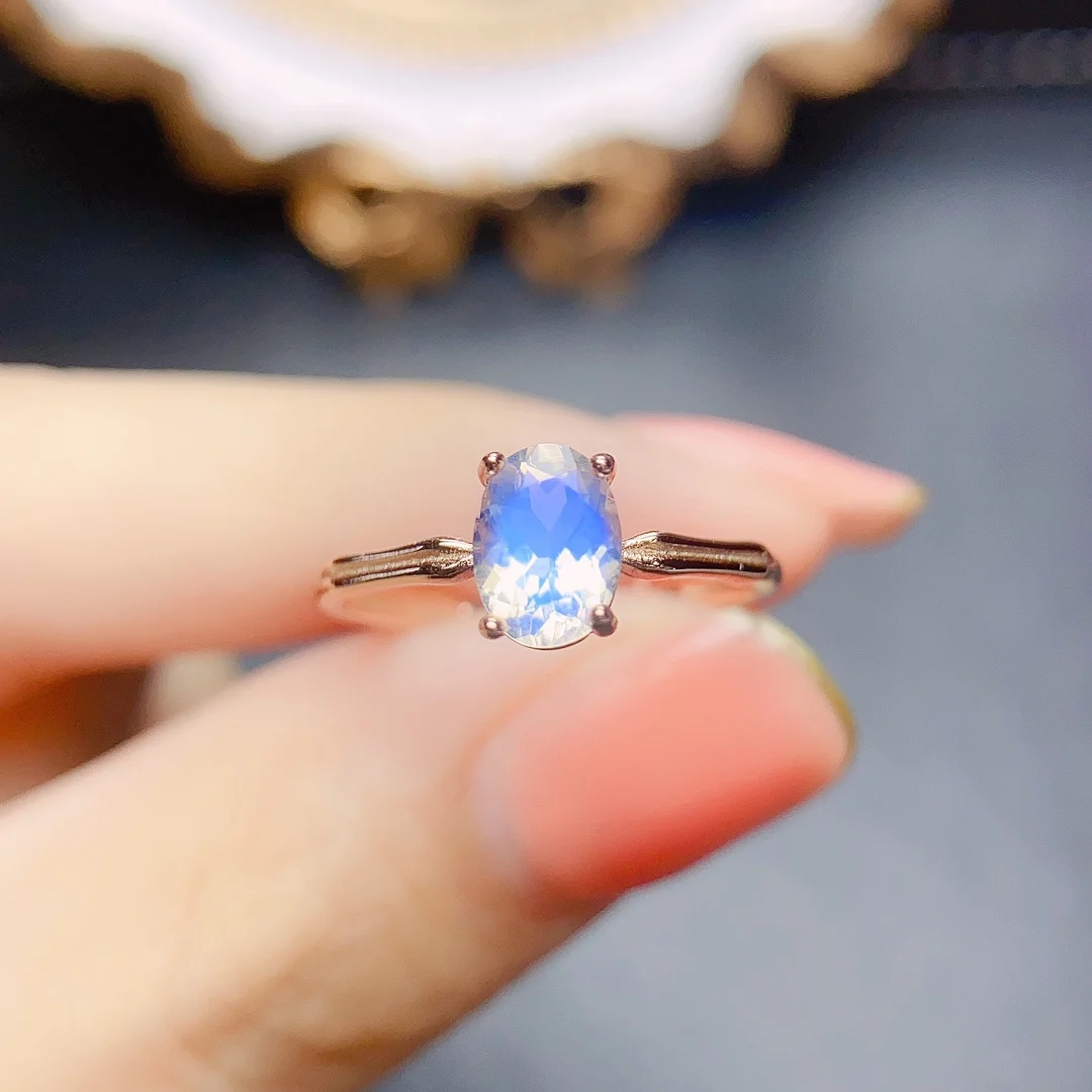 925 Sterling Silver Rainbow Blue Moonstone Solitaire Ring - Women's Natural Moonstone Engagement Promise Ring